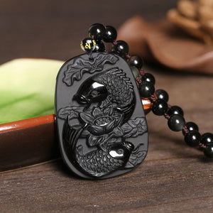 Black Obsidian Lucky Koi FIsh Necklace - 7 Chakra Store
