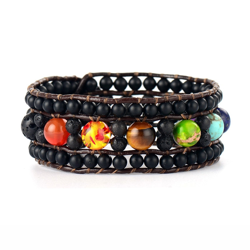 7 Chakra Leather Wrap Lava Bracelet
